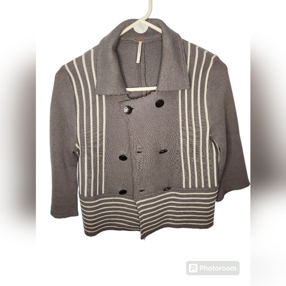 Free People Sweaters - Free People Double Breasted Cardigan Sweater Grey Cream Striped Size S